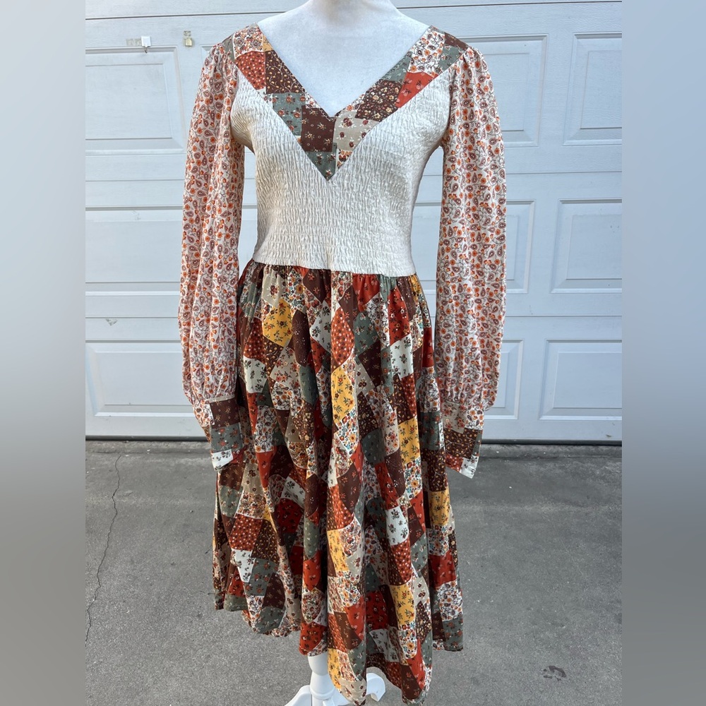 VTg Denise L Patchwork Print Prairie fit and flare dress Boho S/M